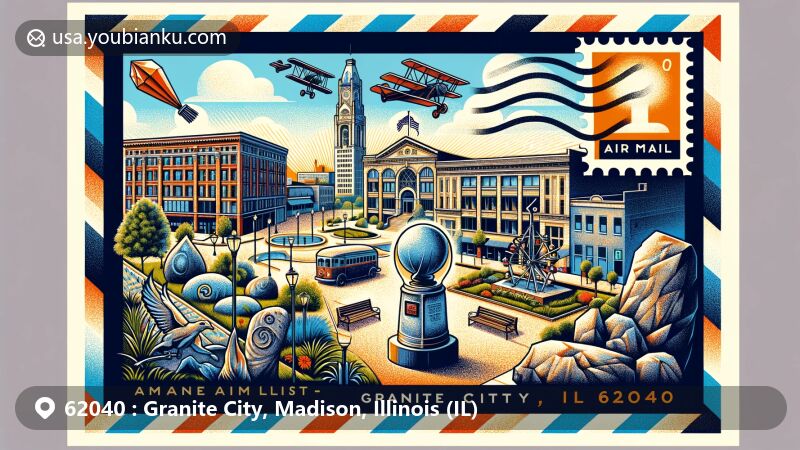 Modern illustration of Granite City, Madison, Illinois, designed with a postal theme for ZIP code 62040, featuring the Granite City Art and Design District, historical references to the Niedringhaus brothers and original industry, and geographical elements like the Chain of Rocks Canal and American Bottom plains.