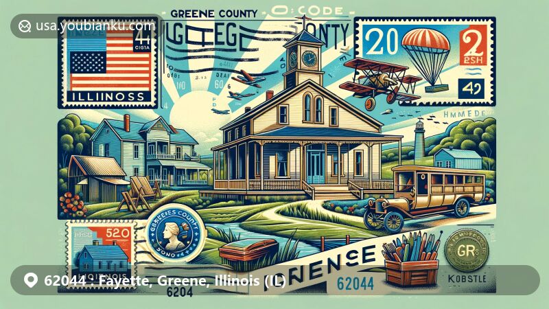 Modern illustration of Greene County, Illinois, featuring postal theme with ZIP code 62044, highlighting Hodges House, Hotel Roodhouse, and the Koster Site.