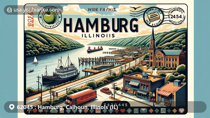 Modern illustration of Hamburg, Calhoun County, Illinois, highlighting ZIP code 62045 and the scenic Mississippi River, with references to apple shipping and village landmarks.