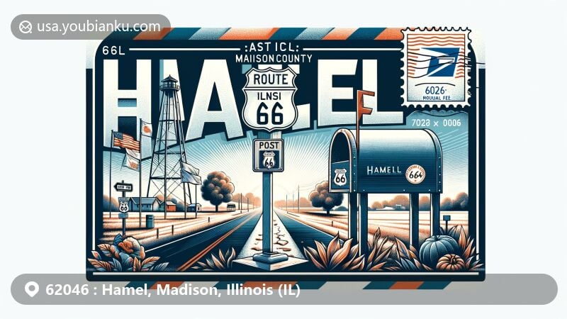 Modern illustration of Hamel, Illinois, highlighting Route 66 heritage with Wayside Marker, Illinois state flag, and American mailbox, featuring ZIP code 62046 in a postcard-inspired design.