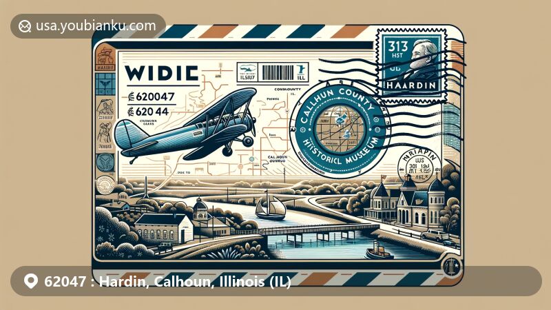 Creative illustration of Airmail envelope featuring detailed map outline of Hardin Village and image of Calhoun County Historical Museum. Postmark reads 'Hardin, Calhoun, IL' with stamp showing ZIP code 62047. Background includes natural landscapes and elements honoring John J. Hardin.