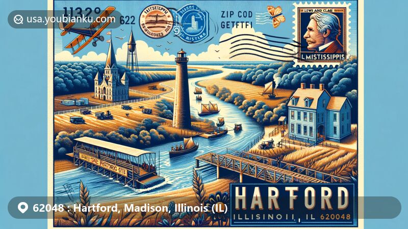 Modern illustration of Hartford, Madison County, Illinois, featuring Lewis & Clark State Historic Site, Confluence Tower, and postal elements like airmail envelope and stamps, highlighting the area's history and natural beauty.