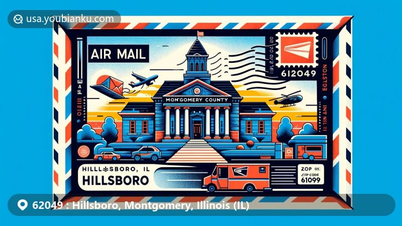 Modern illustration of Hillsboro, Montgomery County, Illinois, showcasing postal theme with ZIP code 62049, featuring Montgomery County Courthouse and airmail envelope design.