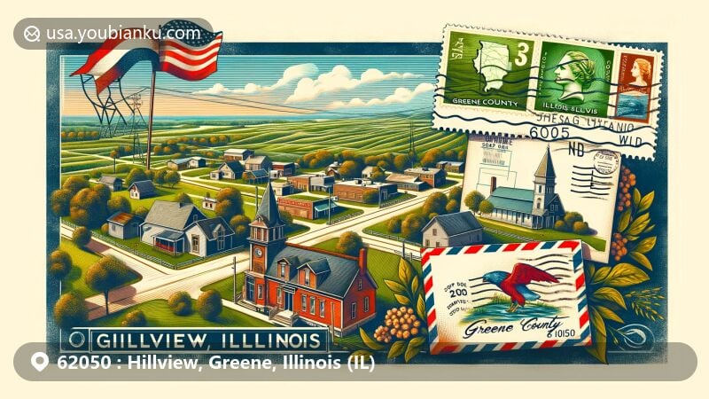 Modern illustration of Hillview, Greene County, Illinois, capturing the essence of ZIP code 62050 with a blend of postal and regional elements, showcasing Greene County's outline and Illinois state flag.