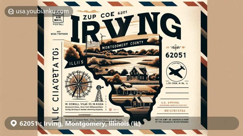 Modern illustration of Irving, Montgomery County, Illinois, showcasing postal theme with ZIP code 62051, highlighting village atmosphere, rural setting, and notable individuals. Includes silhouette map of Montgomery County, fields, creeks, postal elements like air mail envelope design, ZIP code, stamps, postmark 'Irving, IL,' and possibly postal truck or mailbox.