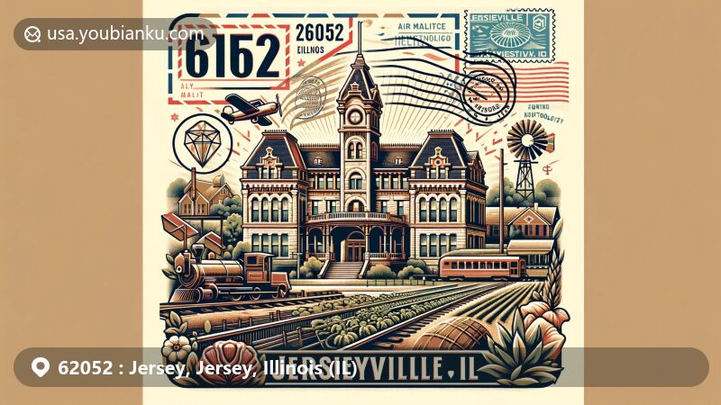 Modern illustration of Jerseyville, Illinois, depicting ZIP code 62052 and its rich history with the Underground Railroad and agricultural biotechnology, featuring Jersey County Courthouse, Victorian architecture, and biotechnology field trials in an air mail envelope theme.