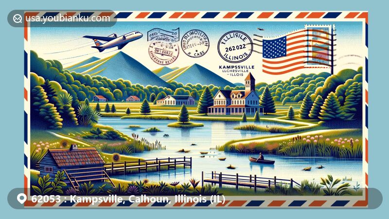 Modern illustration of Kampsville, Illinois, showcasing postal theme with ZIP code 62053, featuring McCully Heritage Project and Center for American Archeology Museum.