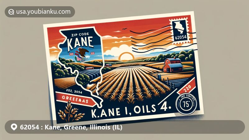 Modern illustration of Kane, Greene County, Illinois, showcasing postal theme with ZIP code 62054, featuring Illinois state symbols and rural landscape elements.