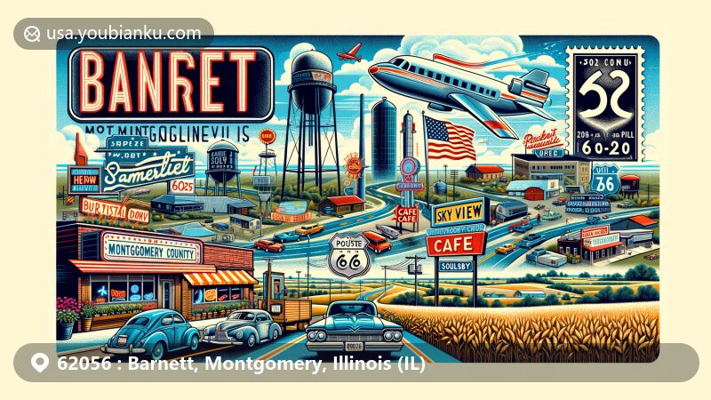 Modern illustration of Barnett, Montgomery County, Illinois, representing ZIP code 62056 and the historic Route 66 connection. Featuring Sky View Drive-In, Ariston Cafe, Soulsby Service Station, classic cars, neon signs, and open road, capturing Route 66's adventure and nostalgia. Background showcases Montgomery County's agricultural landscape with grain elevators and farmland, with postal elements like vintage airmail envelope, Route 66 stamps, and ZIP code 62056 postmark.