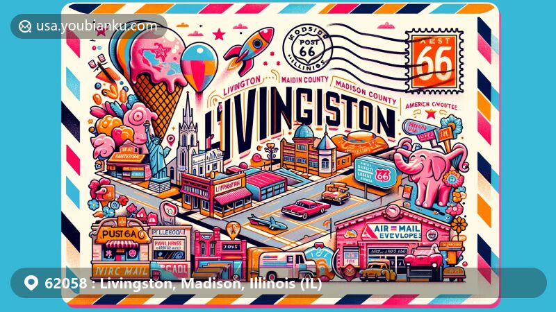 Modern illustration of Livingston, Madison County, Illinois, featuring Route 66 memorabilia including Pink Elephant Antique Mall with quirky collection and ZIP code 62058.