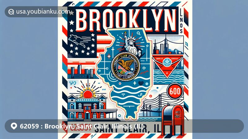 Modern illustration of Brooklyn, Saint Clair County, Illinois, featuring Illinois state flag, Mississippi River symbols, and cultural elements, designed as a postal envelope with ZIP code 62059.