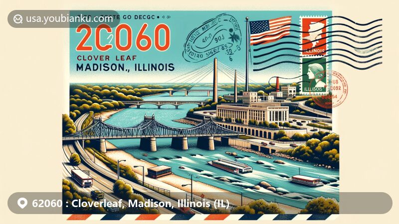 Modern illustration of Cloverleaf, Madison, Illinois, featuring historic Chain of Rocks Bridge over Mississippi River, with vintage air mail envelope and stamps, showcasing area's history and culture.