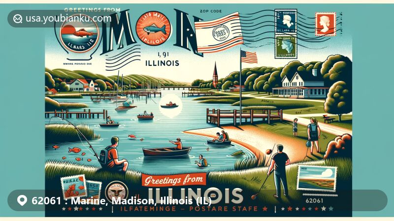 Modern illustration of Marine, Illinois, showcasing tranquil scenes of Marine Heritage Park and Lake, family activities, vintage postal motifs, and Illinois state flag.
