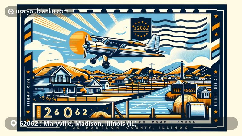 Modern illustration of Maryville, Madison County, Illinois, representing ZIP code 62062 with aviation-themed postmark and Illinois state flag, celebrating community spirit and postal heritage.