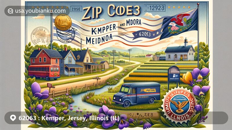 Creative illustration of Kemper and Medora, IL, showcasing postal theme with ZIP code 62063, featuring Illinois state flag, violet state flower, and postal elements like vintage air mail envelope and postmark.