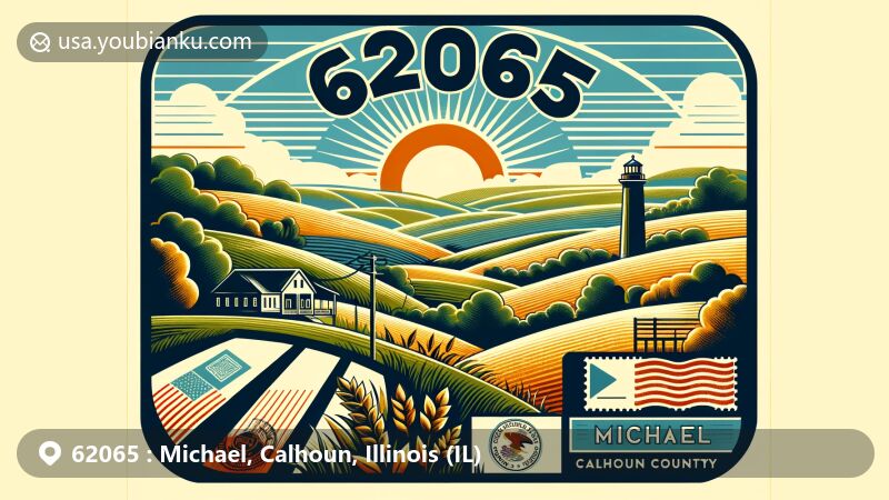 Modern illustration of Michael, Calhoun County, Illinois, portraying the scenic countryside with White Tales Lodge, postal element featuring ZIP code 62065, including postage stamp, postmark, and Illinois state flag.