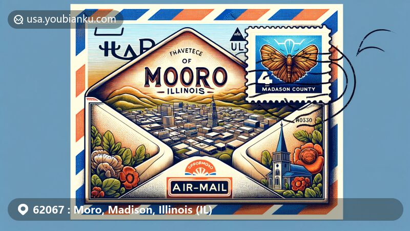 Modern illustration of Moro, Madison County, Illinois, featuring open airmail envelope with ZIP code 62067 and postmark, stamp showcasing local landmark, vibrant postal theme.