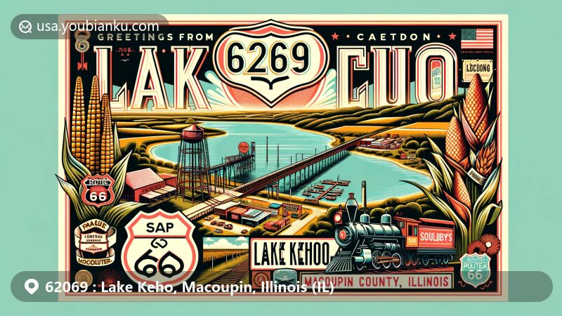 Modern illustration of Lake Keho and Macoupin County, Illinois, featuring Zip code 62069, with Route 66 landmarks, coal mining history elements, and symbolic representations of local agriculture and labor rights movement.