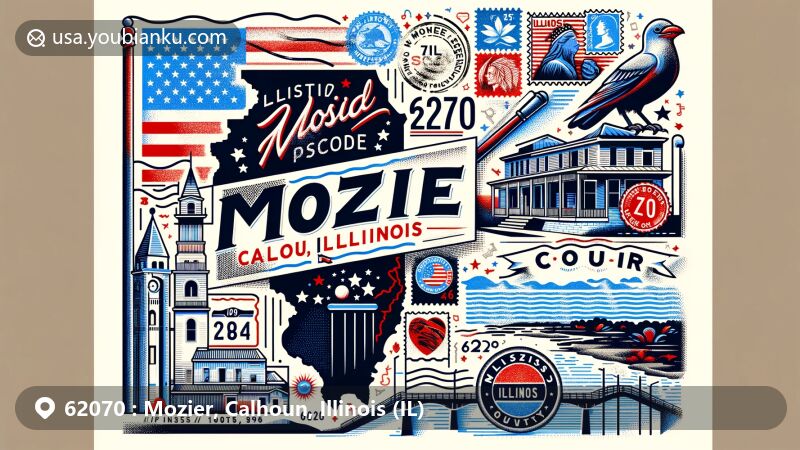 Modern illustration of Mozier, Calhoun, Illinois, with postcard-style background, featuring ZIP code 62070, state flag, Calhoun County outline, Illinois Route 96, and Mississippi River elements.