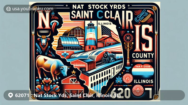 Modern and creative illustration of Nat Stock Yds, Saint Clair County, Illinois, capturing the essence of the area with silhouette of Illinois, emblematic imagery of National Stock Yards, and vintage postcard elements.