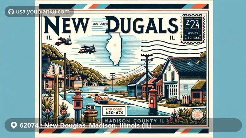 Modern illustration of New Douglas, Illinois, showcasing postal theme with ZIP code 62074, blending local charm with postal elements.