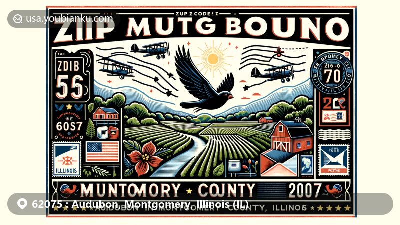 Modern illustration of Audubon, Montgomery County, Illinois, with ZIP code 62075, showcasing regional and postal elements like the Illinois state flag, Northern Cardinal, airmail envelope, and local landscapes.