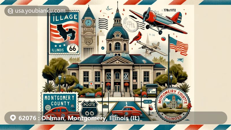 Modern illustration of Ohlman, Illinois, featuring Montgomery County Courthouse and elements symbolizing its connection to historic Route 66. Postal theme is highlighted with a vintage airmail envelope, a stamp featuring Montgomery County Courthouse, and postal mark with ZIP code 62076. The design also incorporates Illinois symbols like the state flag or a cardinal, enhancing the regional identity.