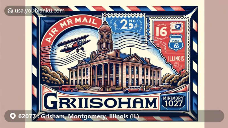 Modern illustration of Grisham, Montgomery County, Illinois, featuring vintage air mail envelope with postal and regional characteristics, including County's outline, Montgomery County Courthouse, Route 66 elements, and postal symbols with ZIP code '62077' and post box.