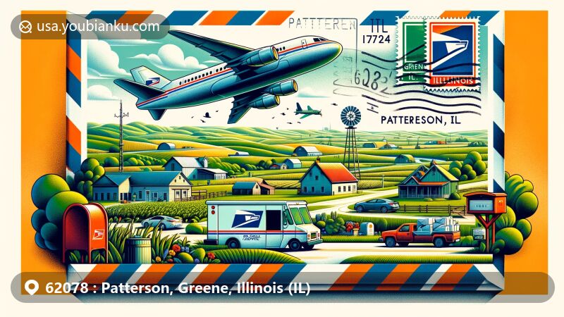 Modern illustration of Patterson, Illinois, highlighting typical Illinois countryside landscapes and symbols of Greene County, featuring airmail envelope with postal elements and 'Patterson, IL 62078' ZIP code.