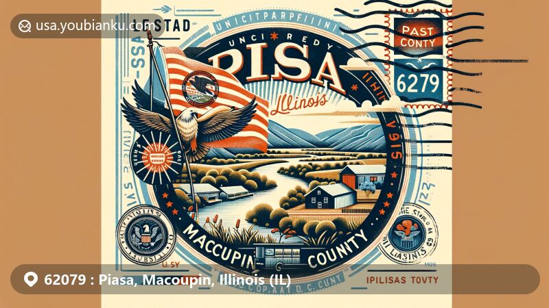 Creative illustration of Piasa, Macoupin County, Illinois, blending scenic landscapes and local heritage, featuring vintage air mail envelope with Illinois state flag stamp and ZIP code 62079.