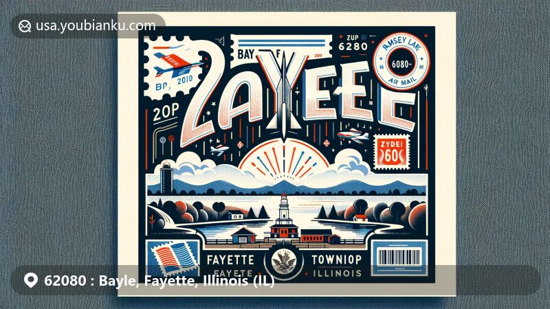 Modern illustration of Bayle City, Fayette, Illinois, inspired by a postcard theme with ZIP code 62080, featuring Ramsey Lake State Recreation Area and elements of postal design.