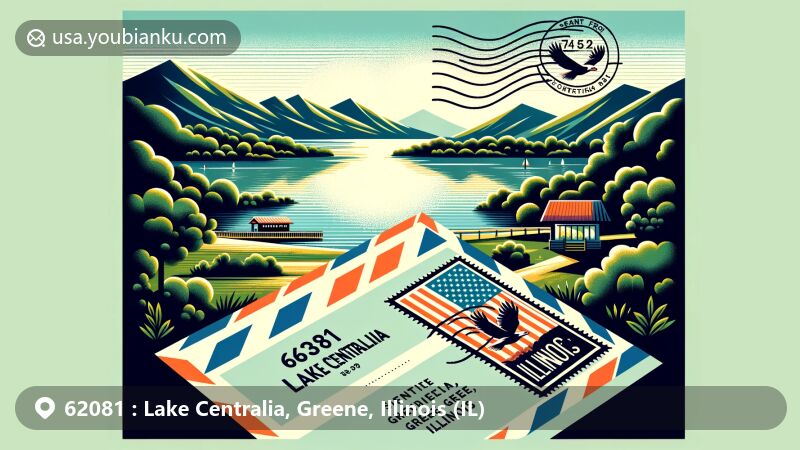 Modern illustration of Lake Centralia, Illinois, featuring a scenic view with an airmail envelope displaying the Illinois state flag and Lake Centralia silhouette. Envelope marked “62081 Lake Centralia, Greene, Illinois” with a postmark “Sent from Lake Centralia”.
