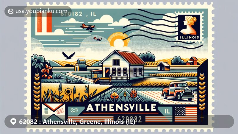 Modern illustration of Athensville, Illinois, blending postcard and airmail envelope elements with state symbols like flag, rural scenery, and local flora and fauna, featuring postal details with ZIP code 62082 and Athensville, IL insignia.