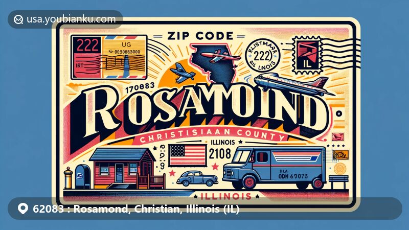 Modern illustration of Rosamond, Christian County, Illinois, showcasing postal theme with ZIP code 62083, featuring Christian County outline, Rosamond landmark, and classic American postal elements.