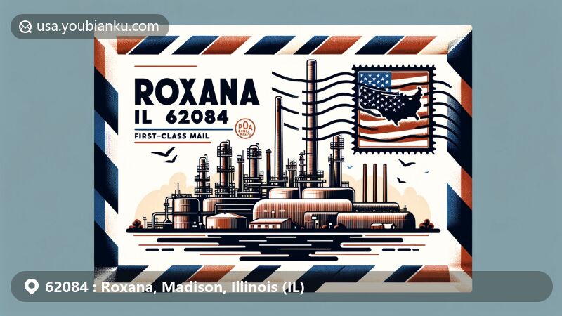 Modern illustration of Roxana, IL 62084, featuring Wood River Refinery outline on an airmail envelope with Madison County stamp and postmark effect.