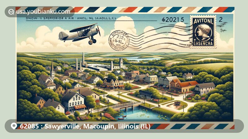 Modern illustration of Sawyerville, Illinois, showcasing vintage air mail envelope border, quaint downtown area, and lush green landscapes, honoring town's history and community spirit.
