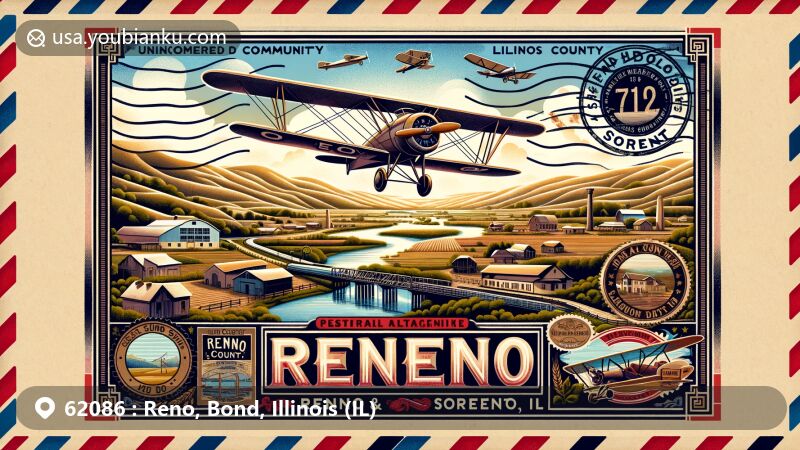 Modern illustration of Reno and Sorento in Bond County, Illinois, featuring a vintage airmail envelope design with rural landscapes, historical landmarks, and aviation elements.