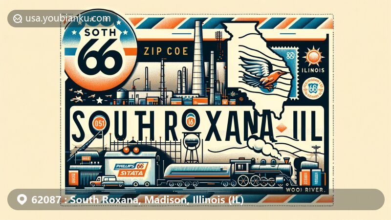 Modern illustration of South Roxana, Illinois, showcasing ZIP code 62087 and its industrial background with Phillips 66 Wood River Refinery, incorporating local culture, geography, and postal themes, featuring Illinois state flag and vintage airmail envelope design.