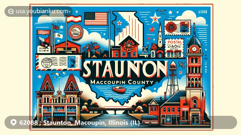 Modern illustration of Staunton, Macoupin County, Illinois, showcasing postal theme with ZIP code 62088, featuring Illinois state flag and landmarks in a contemporary style.