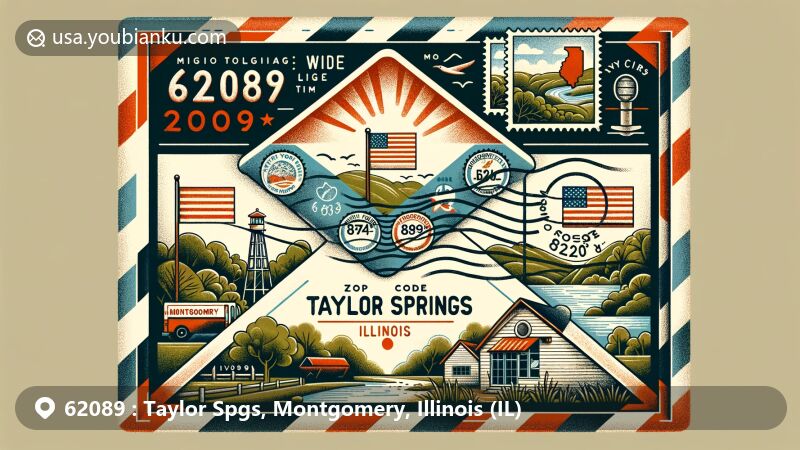 Modern illustration of Taylor Springs, Illinois, depicting airmail envelope with ZIP code 62089, featuring Illinois state flag, Montgomery County outline, and scenic rural landscape near Shoal Creek.