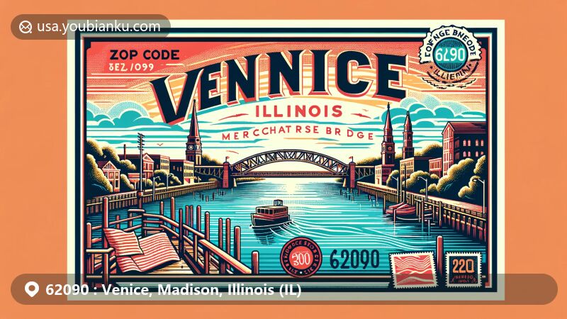 Modern illustration of Venice, Illinois, emphasizing ZIP Code 62090, highlighting landmarks like McKinley Bridge and Merchants Bridge, blending historical and cultural elements.