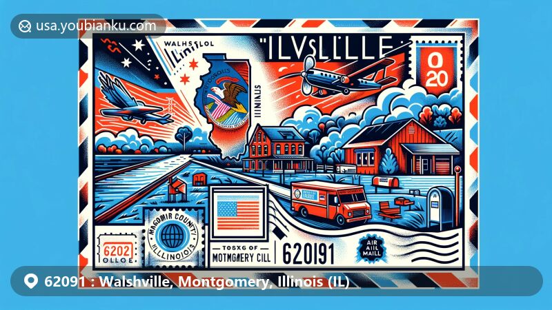 Modern illustration of Walshville, Illinois, with ZIP code 62091, showcasing Montgomery County outline, Illinois state flag, and rural landscape of Walshville.