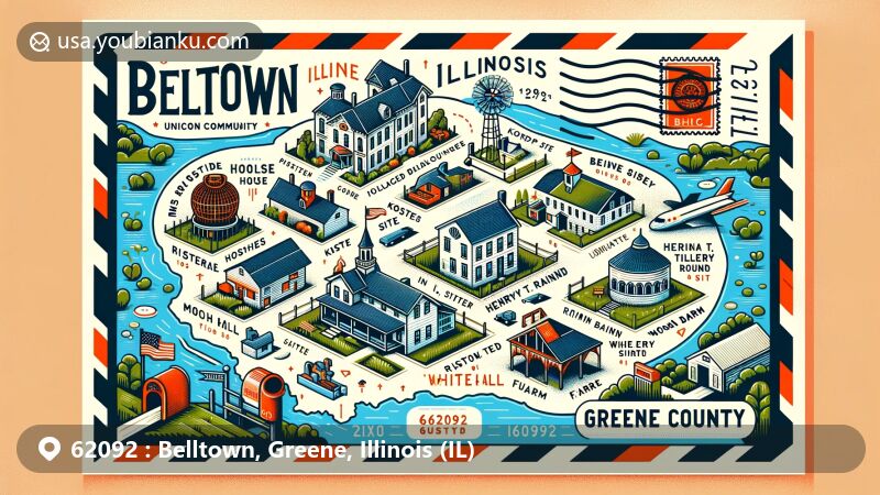 Modern illustration of Belltown, Greene County, Illinois, featuring a postcard with detailed historical landmarks like Hodges House and Hotel Roodhouse, postal elements including a stamp, postmark, and ZIP Code 62092, and an iconic American mailbox.