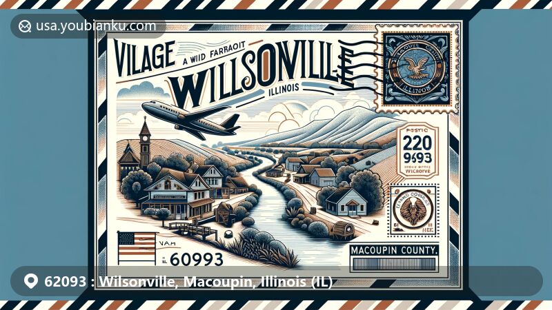 Creative illustration of Wilsonville, Macoupin County, Illinois, showcasing airmail theme with ZIP code 62093, featuring Cahokia Creek and village scenery.
