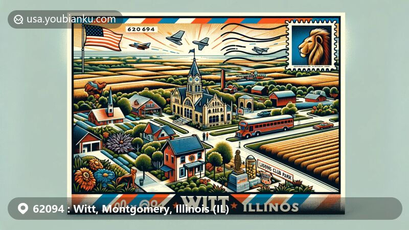 Modern illustration of Witt, Montgomery County, Illinois, showcasing postal theme with ZIP code 62094, featuring Lions Club Park, Jacoby Park, and symbols of local farmland.