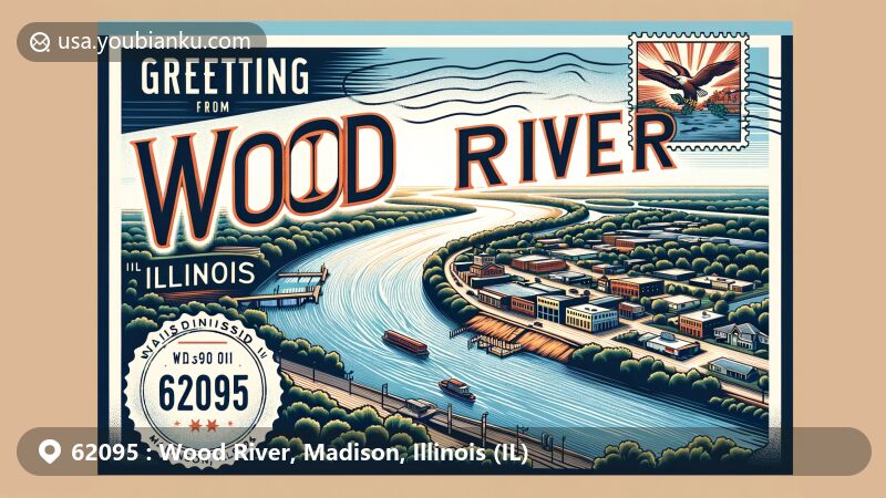 Modern illustration of Wood River, Madison County, Illinois, with ZIP code 62095, showcasing the Mississippi River's importance to the city's geography and history.