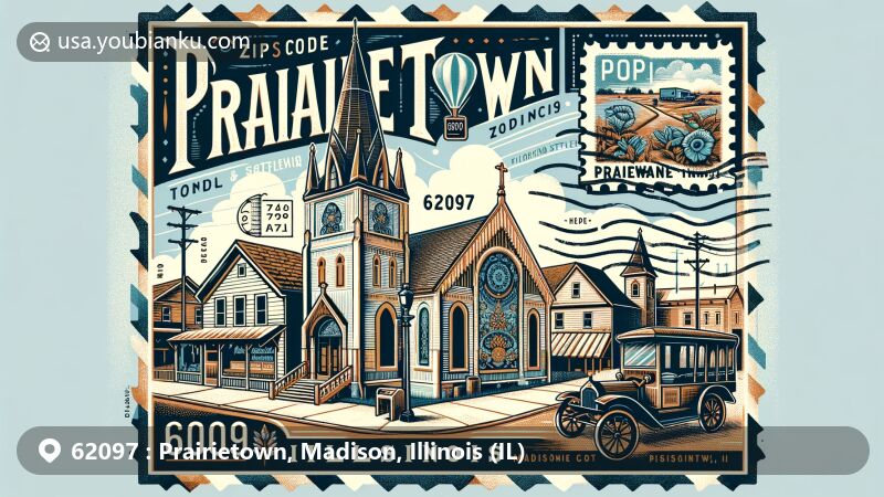 Modern illustration of Prairietown, Madison County, Illinois, featuring German-style church, historic shops, and postal elements, representing the area's cultural heritage and postal theme around ZIP code 62097.