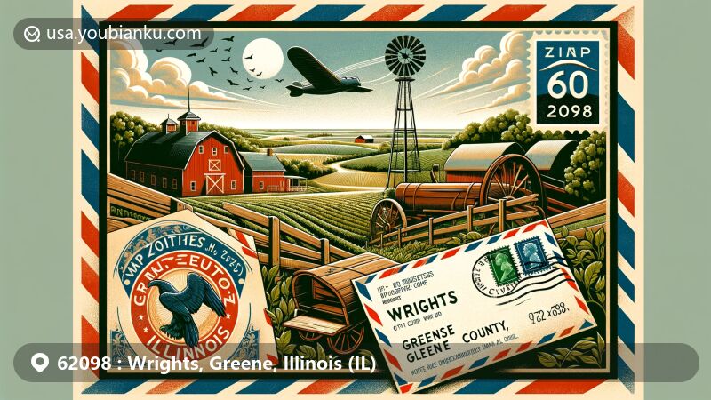 Modern illustration of Wrights, Greene County, Illinois, showcasing rural landscapes and agricultural heritage, with local fauna and flora. Vintage air mail envelope with ZIP code 62098 and fictional stamp depicting Greene County's landmarks.