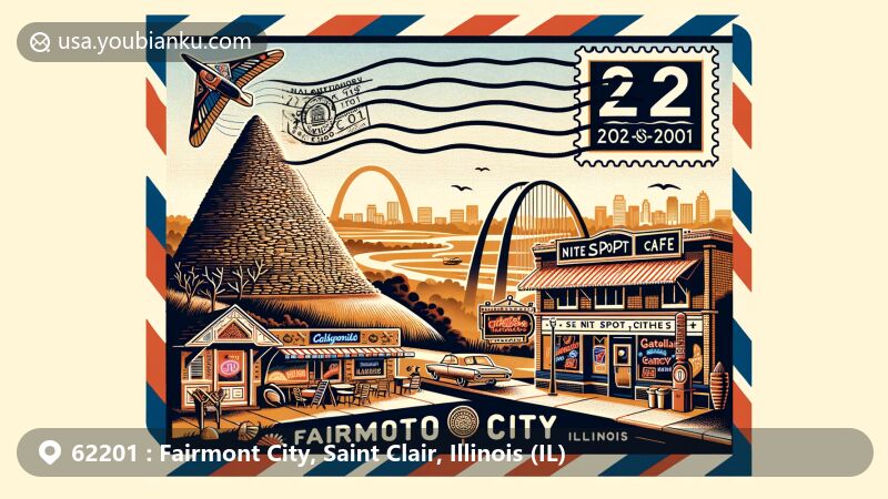 Modern illustration of Fairmont City, Illinois, with Cahokia Mounds, Nite Spot Café, Gateway Arch, and Hispanic cultural elements, featuring a vintage airmail envelope with ZIP code 62201.