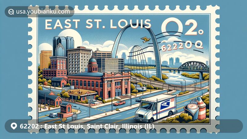 Modern illustration of East St. Louis, Saint Clair, Illinois, ZIP code 62202, featuring Eads Bridge, Malcolm W. Martin Memorial Park, post office, mail truck, and a large postal stamp with iconic Gateway Arch in the background.
